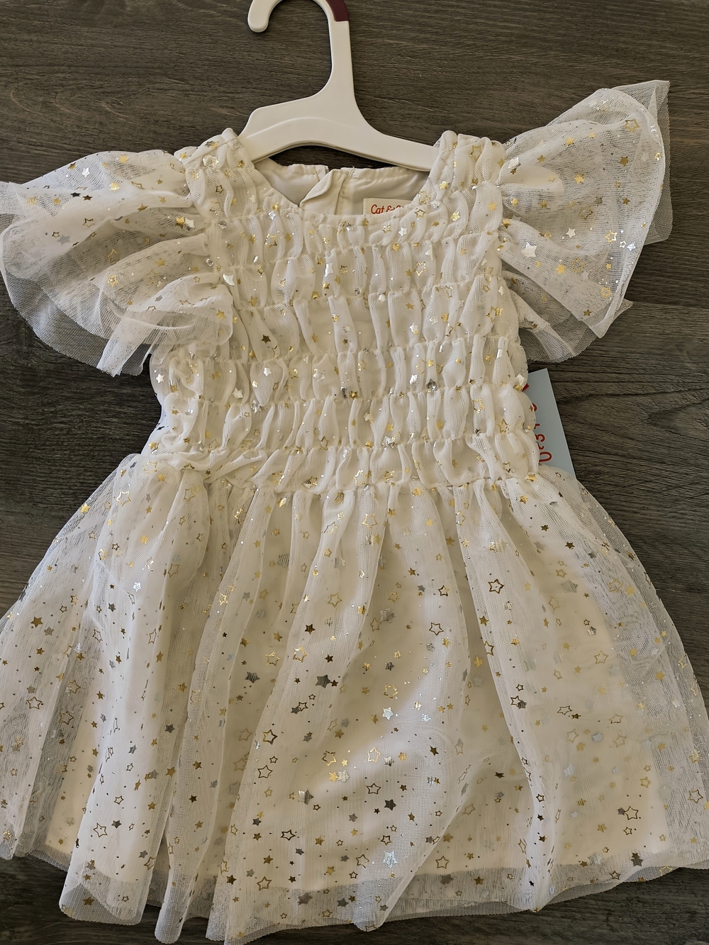 Girls White and Gold Star Tulle Party Dress